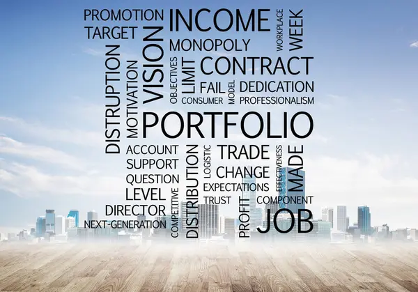 Concept Modern Business Keywords Collage Cityscape Background — Stock Photo, Image
