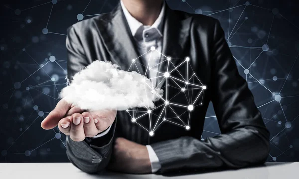 Empresário Terno Manter Nuvem Com Conexões Rede Mãos Sistemas Rede — Fotografia de Stock