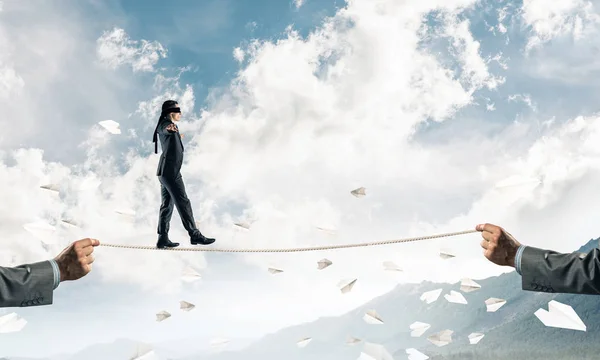 Businessman Walking Blindfolded Rope Flying Paper Planes High Mountains Symbol — Stock Photo, Image