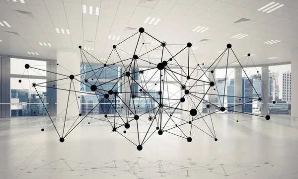 Lines connected with dots as social communication concept in office interior. 3D rendering