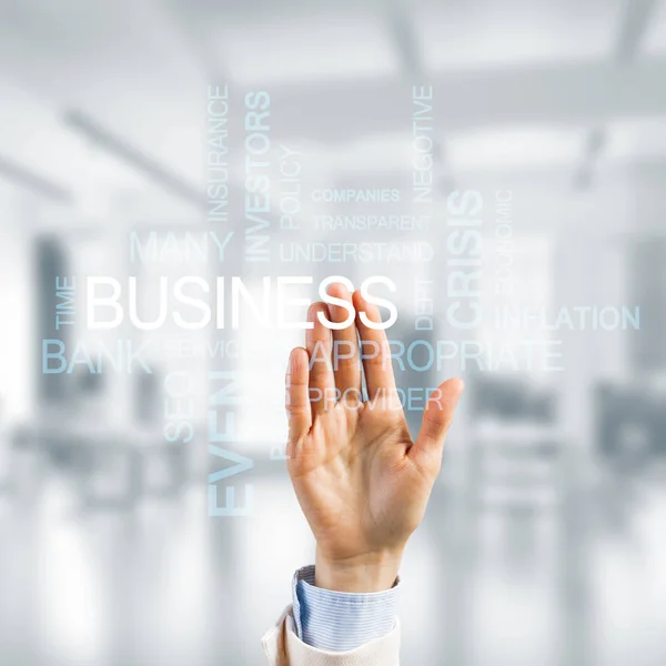 Close Businesswoman Hand Touching Screen Business Conceptual Words — Stock Photo, Image