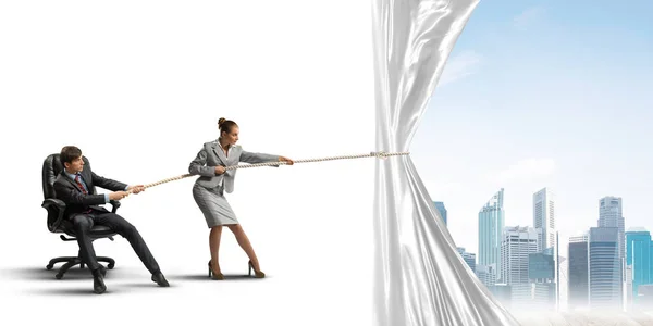 Two Businesspeople Pulling White Blank Fabric Rope — Stock Photo, Image