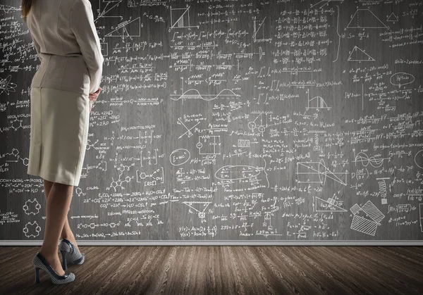 Bottom View Businesswoman Teacher Sketches Blackboard — Stock Photo, Image