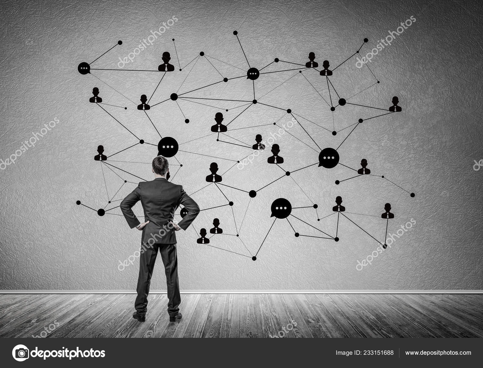 Back View Businessman Looking Wall Drawn Social Connection Concept