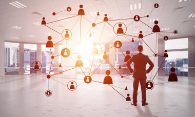 3D ofis içi ve sosyal bağlantı kavramındaki zarif iş adamı. Karışık ortam