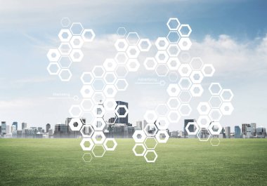 Ekranda medya simgelerine ve arka planda iş şehrine sahip modern teknolojiler kavramı