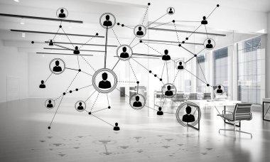 Noktalarla bağlantılı çizgiler ofis içi sosyal iletişim konsepti olarak. 3B görüntüleme