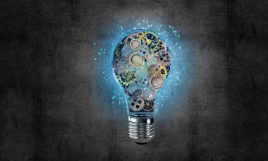 Parlak cam ampul arka plan üzerinde koyu gri duvar içinde birden çok gears ile. 3D render.