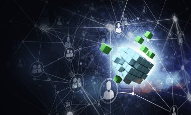 Küp şekli ve sosyal bağlantı çizgileri olan kavramsal arkaplan resmi. 3d oluşturma