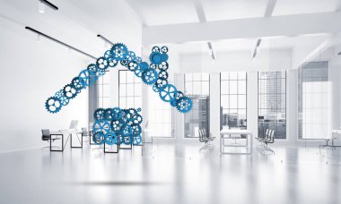 Kavramsal arka plan görüntüsü ev işareti ile bağlı vites yaptı. 3D render