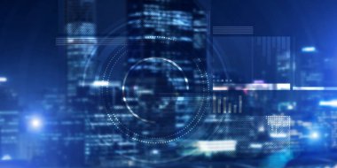 Gece parlayan şehre karşı sanal arayüzü olan arkaplan kavramsal görüntüsü