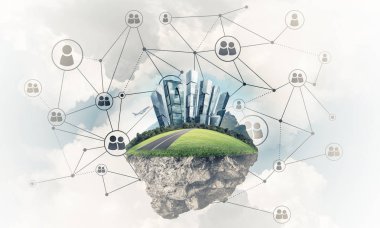 Gökyüzünde yükselen çimen ve şehir manzaralı güzel küçük bir ada.