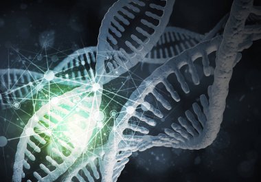 DNA molekülü araştırma konseptiyle arkaplan resmi. 3B görüntüleme