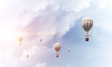 Üzerinde mavi bulutlu gökyüzü uçan renkli aerostats. 3D render.