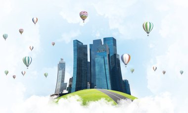 Gökyüzünde bulutların üzerinde yüzen binalar ve gökdelenlerle modern şehir manzarası