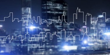 Parlayan ışıklar ve onun çizilmiş silueti ile Modern gece city scape