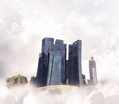 Gökyüzünde bulutların üzerinde yüzen binalar ve gökdelenlerle modern şehir manzarası