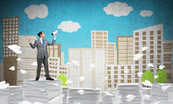 Businessman Suit Standing Flying Paper Planes Speaker Hand Sketched Cityscape — Stock Photo, Image