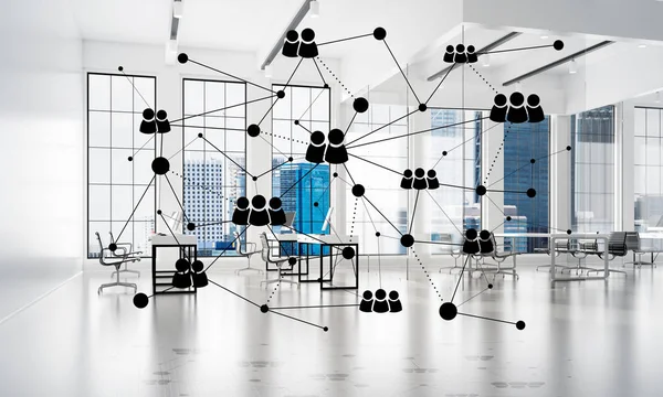 Lines connected with dots as social communication concept in office interior. 3D rendering