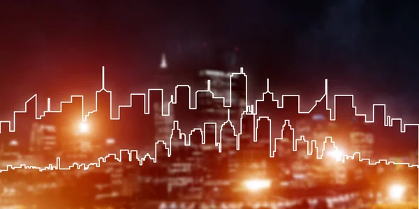 Modern night city scape glowing with lights and its drawn silhouette