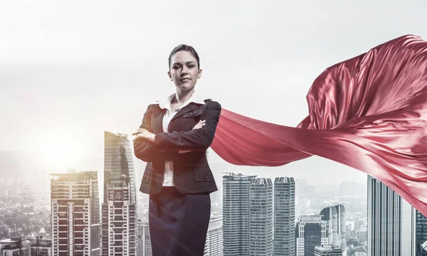 Young Confident Businesswoman Wearing Red Cape Modern City Background — Stock Photo, Image