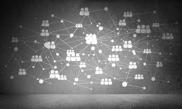 灰色混凝土墙上绘制的白色社会网络系统和媒体图标 — 图库照片
