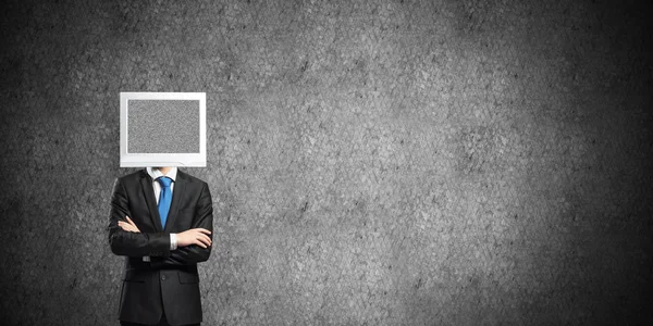 Businessman Suit Monitor Instead Head Keeping Arms Crossed While Standing — Stock Photo, Image