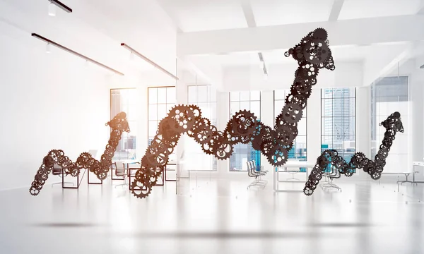 Growing arrow graph made of gears and cogwheels on white office background. 3d rendering