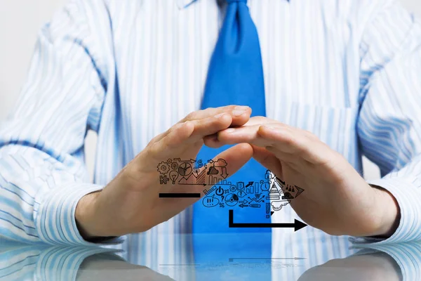 Businessman Suit Sitting Desk Making Protective Gesture Palms — Stock Photo, Image