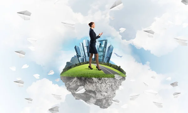 Elegant Confident Businesswoman Standing Green Floating Island Blue Sky — Stock Photo, Image
