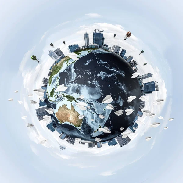 Panoramatický Pohled Earth Zeměkoule Mrakodrapy Jejím Povrchu Ekologie Ochrany Životního — Stock fotografie