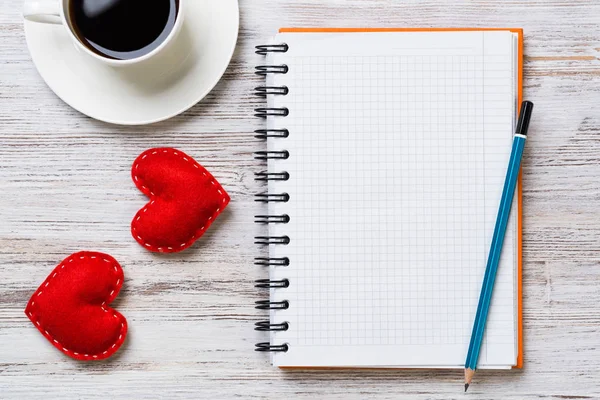 Coffee Cup Notepad Pencil Two Red Hearts Wooden Surface — Stock Photo, Image