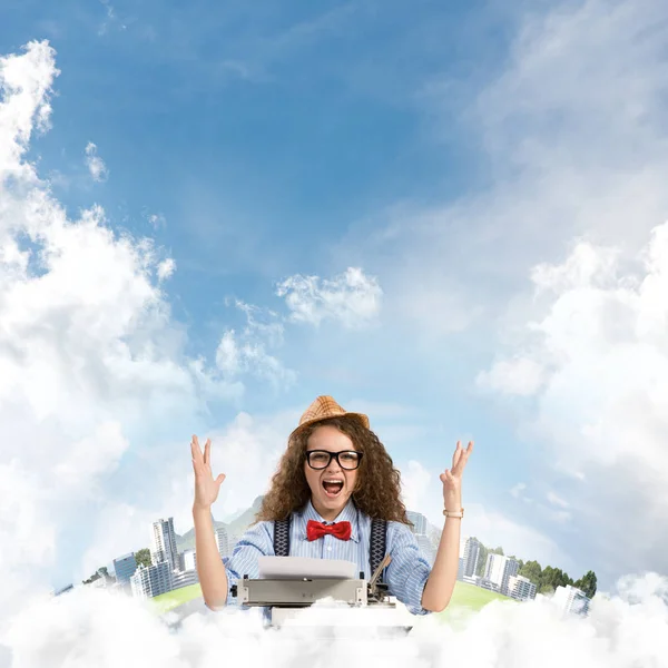 Young Beautiful Woman Writer Hat Eyeglasses Using Typing Machine While — Stock Photo, Image