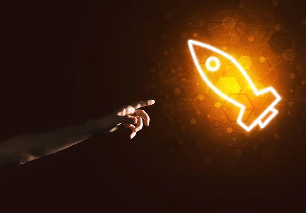 Rocket Glowing Icon Man Hand Dark Background — Stock Photo, Image