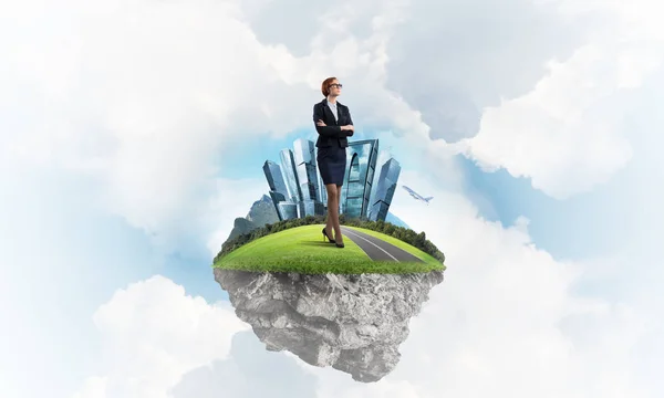 Elegant Confident Businesswoman Standing Green Floating Island Blue Sky — Stock Photo, Image