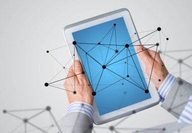 Dijital tablet ile boş görüntü'yü kullanarak işadamı, yakın çekim. 3D render