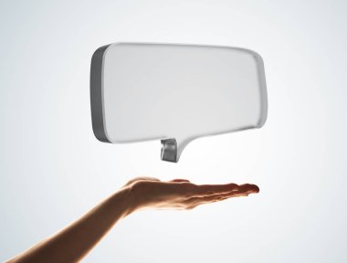 Erkek eli kapalı, parlak cam konuşma balonu gösteriyor. 3d oluşturma