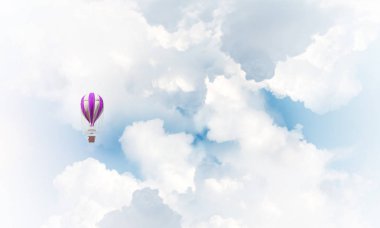 Renkli aerostat üzerinde mavi bulutlu gökyüzü uçan. 3D render.