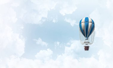 Colorful aerostat flying over the blue cloudy sky. 3D rendering. clipart