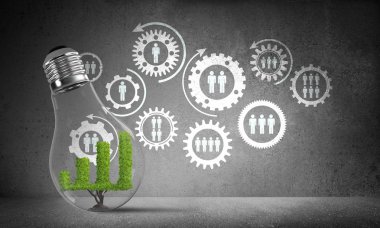 Gri duvar üzerinde kabataslak sosyal dişli yapısına karşı ampul yeşil grafik içinde büyüyen ile yerleştirilir. 3D render.