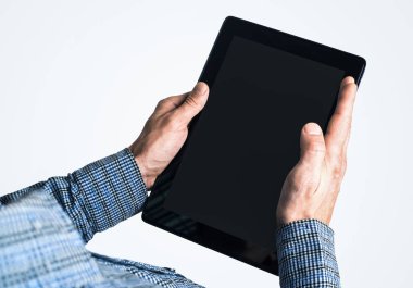 Dijital tablet ile boş görüntü'yü kullanarak işadamı, yakın çekim