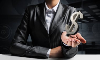 İş gri beton dolar işareti elinde gösteren takım elbiseli adamı resim kırpılmış. 3D render.