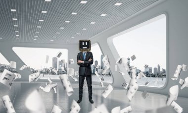 Kafasına silah tutmak yerine eski bir Tv ile takım elbiseli işadamı duran kağıtları ofis binası içinde uçan arasında geçti. 3D render.