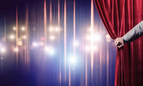 Close Businessman Hand Open Red Velvet Curtain Stage — Stock Photo, Image