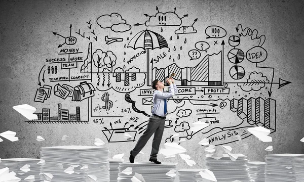 Businessman Playing Fife While Standing Pile Documents Flying Paper Planes — ストック写真