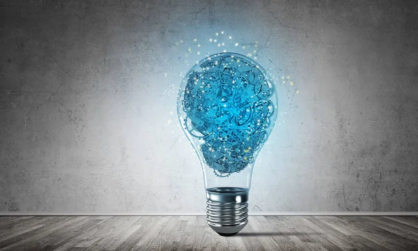 Blue Glowing Lightbulb Multiple Gears Placed Empty Room Grey Wall — Stock Photo, Image