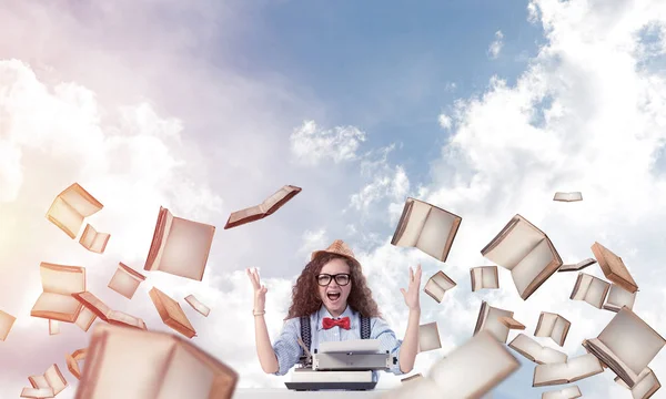 Young Beautiful Woman Writer Hat Eyeglasses Using Typing Machine While — Stock Photo, Image