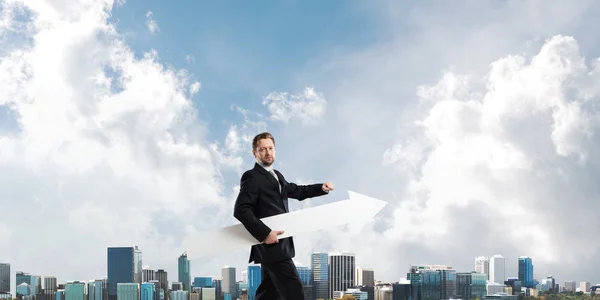 Cropped Image Successful Young Businessman Holding Big White Arrow Pointing — Stock Photo, Image