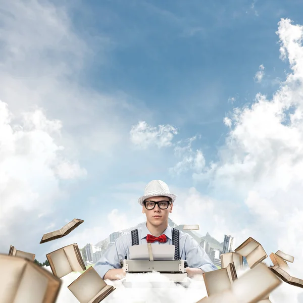 Young Man Writer Hat Eyeglasses Using Typing Machine While Sitting — Stock Photo, Image