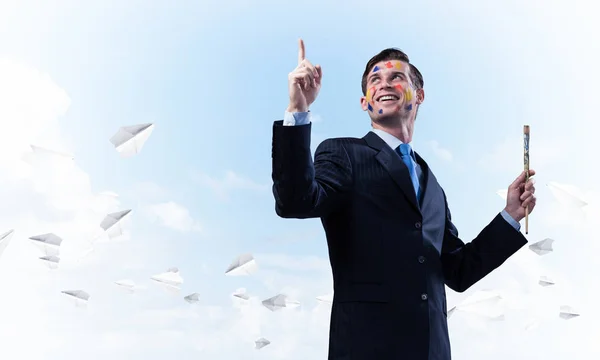 Happy Businessman Suit Smiling Gesturing While Standing Paintbrush His Hand — Stock Photo, Image